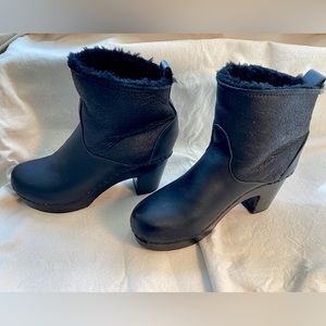 Black shearling high heel ankle boot clog